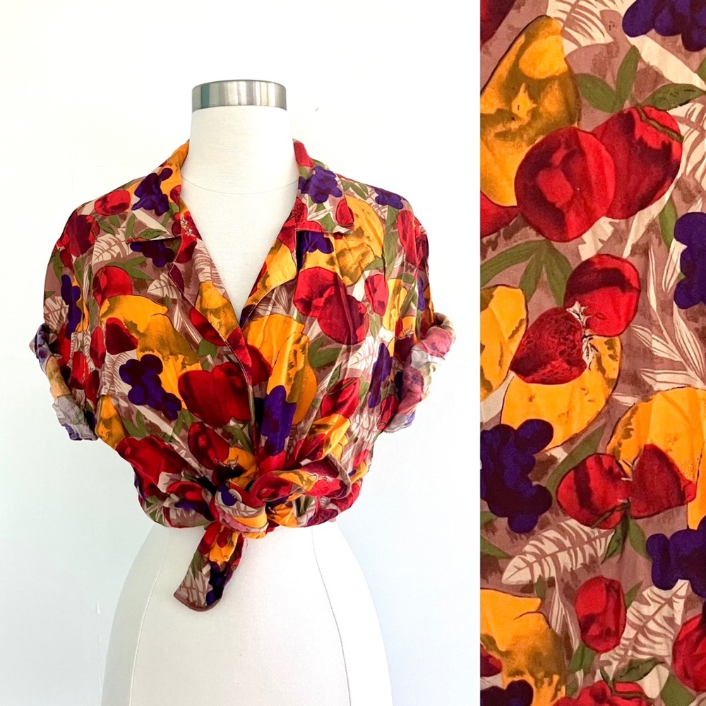 Vintage 80’s fruit salad orange purple red rayon button down shirt top